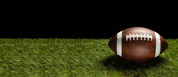 stock image American football ball on green grass field. Banner with space for text.