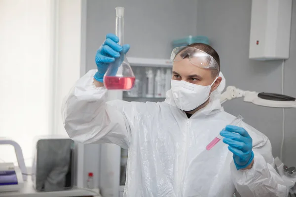 Scientific Virologist Biologist Protective Suit Blue Gloves Holds Test Tube — Foto Stock