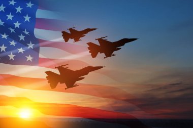 Air Force Day. Aircraft silhouettes on background of sunset with a transparent American flag.