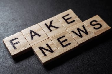 Macro of the words fake news formed by wooden blocks on black background.
