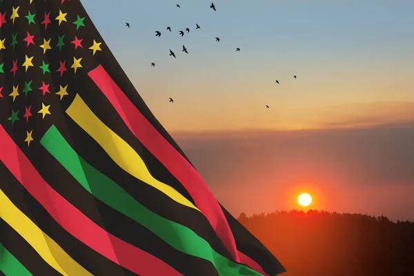 Juneteenth Flag and flying birds on background of sunrise or sunset. Since 1865. Design of Banner with place for text. 3d-rendering.