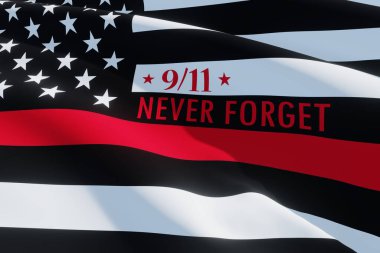 Thin Red Line Firefighter Flag. USA flag. Remembering, memories on fallen firefighters officers on September 11, 2001. Patriot day. Firefighter members honor. 3d image.