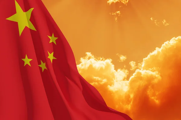 Close up waving flag of China on background of sunset sky. Flag symbols of China. National day of the people\'s republic of China. 1st October.