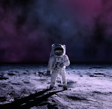 Astronaut at the spacewalk on the moon. National Moon Day. Space Exploration Day. Elements of this image furnished by NASA.