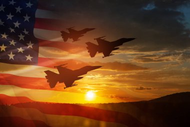 Air Force Day. Aircraft silhouettes on background of sunset with a transparent American flag.