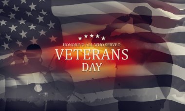 Silhouettes of soldiers saluting with text Veterans Day Honoring All Who Served. American holiday typography poster. Banner, greeting card, postcard.