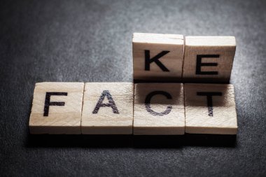 Wooden blocks forming words Fact and Fake on black background.