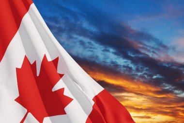 Canada national flag waving on sunset sky. Canada day. 3d-rendering.