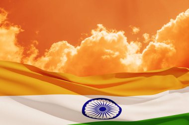 Waving India flag on sunset sky. Background with place for your text. Indian independence day, 15 August. 3d-rendering.