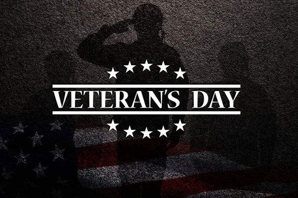 Silhouettes of soldiers saluting with text Veterans Day on black textured background. American holiday typography poster. Banner, flyer, sticker, greeting card, postcard.