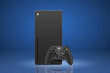 MOSCOW, RUSSIA - DECEMBER 20, 2021: Microsoft Xbox and wireless gamepad, Xbox Series X or Xbox 2 game console on blue background. EPS10 vector with simple gradients.