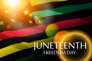 Waving Alternative Juneteenth Flag with Lens Flare and text. Since 1865. Design of Banner. Black history month. 3d-rendering.