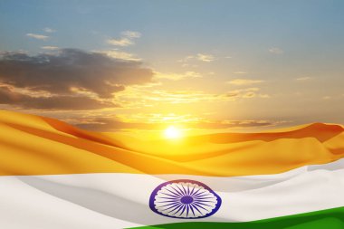 Waving India flag on sunset sky. Background with place for your text. Indian independence day, 15 August. 3d-rendering.
