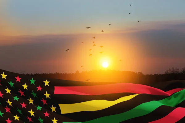 Juneteenth Flag and flying birds on background of sunrise or sunset. Since 1865. Design of Banner with place for text. 3d-rendering.