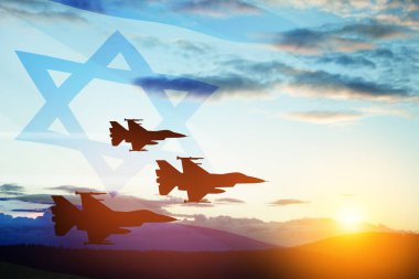 Aircraft silhouettes on background of sunset with a transparent waving Israel flag. Military aircraft. Independence day. Air Force Day. clipart