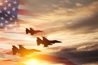 Air Force Day. Aircraft silhouettes on background of sunset with a transparent American flag.