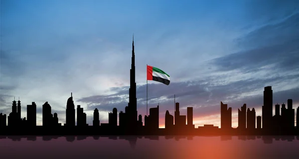 United Arab Emirates Flag Dubai Skyline View Sunset Uae Celebration — Stock Fotó
