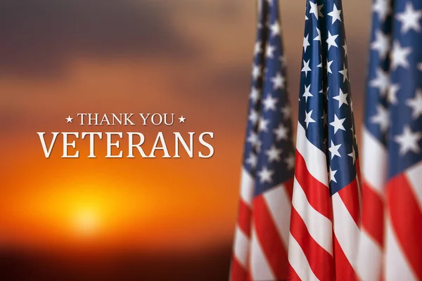 American flags with Text Thank You Veterans on sunset background. American holiday banner.