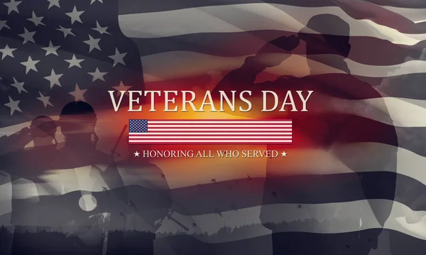 Silhouette Soldati Che Salutano Con Testo Veterans Day Honoring All — Foto Stock