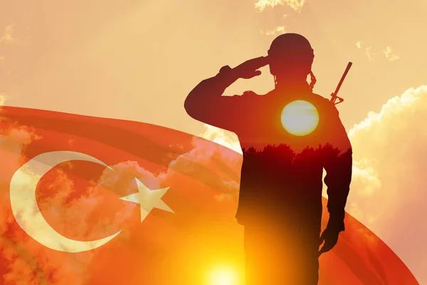 Double Exposure Silhouette Solider Sunset Sunrise Turkey Flag Concept Crisis — Stock Photo, Image