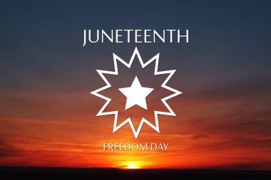 Juneteenth Flag Symbol with sunrise or sunset. Since 1865. Design of Banner with place for text.