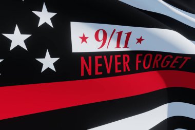 Thin Red Line Firefighter Flag. USA flag. Remembering, memories on fallen firefighters officers on September 11, 2001. Patriot day. Firefighter members honor. 3d image.