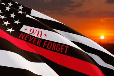 Susnet 'in arka planında ince kırmızı bir itfaiyeci bayrağı var. Amerikan bayrağı. Hatırlıyorum, 11 Eylül 2001 'de ölen itfaiyecilerle ilgili anılar. Vatanseverlik Günü. İtfaiyecilerin onuru.