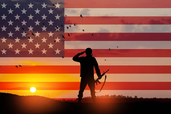Amerikan Askeri Günbatımı Gündoğumu Amerikan Bayrağını Selamlıyor Gaziler Günü Için — Stok fotoğraf