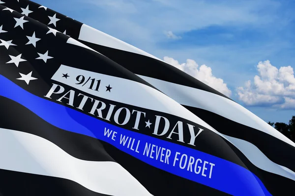 American flag with police support symbol Thin blue line on blue sky background. Remembering, memories on fallen people on september 11, 2001. Patriot day. 3d image.