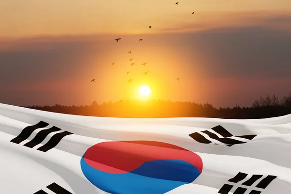 Waving South Korea Flag Sunset Sky Flying Birds Background Place — Foto de Stock