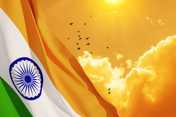 Waving India Flag Sunset Sky Flying Birds Background Place Your — Zdjęcie stockowe