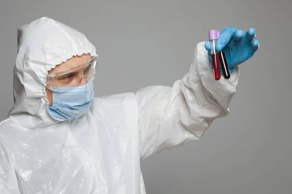 Scientific Virologist Biologist Protective Suit Blue Gloves Holds Test Tubes — Photo