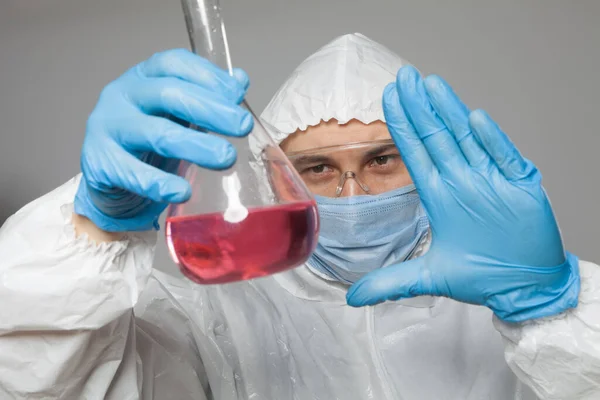 Scientific Virologist Biologist Protective Suit Blue Gloves Holds Flask Substance — Photo