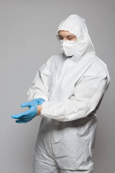 Scientific Virologist Biologist Protective Suit Goggles Putting Blue Gloves Viruses — Photo