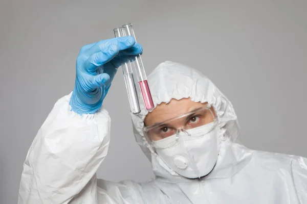 Laboratory Worker Holding Test Tubes Substance Samples Analysis Gray Background — Photo
