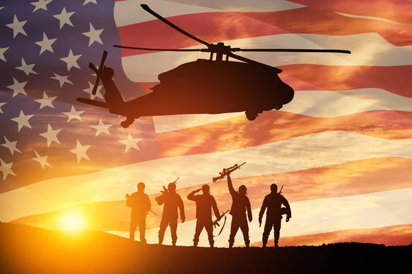 Silhouettes Helicopter Soldiers Background Sunset Greeting Card Veterans Day Memorial — Stock Photo, Image