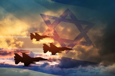 Aircraft silhouettes on background of sunset with a transparent waving Israel flag. Military aircraft. Independence day. Air Force Day.