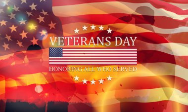 USA army soldier saluting with nation flag and text on a background of sunset or sunrise. Greeting card for Veterans Day, Memorial Day, Independence Day. America celebration.