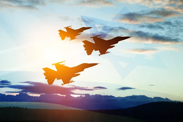 Силуети Літаків Тлі Заходу Сонця Прозорим Махаючи Прапором Ізраїлю Військові — стокове фото