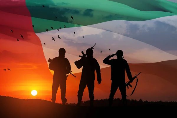 Siluety Vojáků Pozadí Vlajky Sae Západu Slunce Nebo Východu Slunce — Stock fotografie