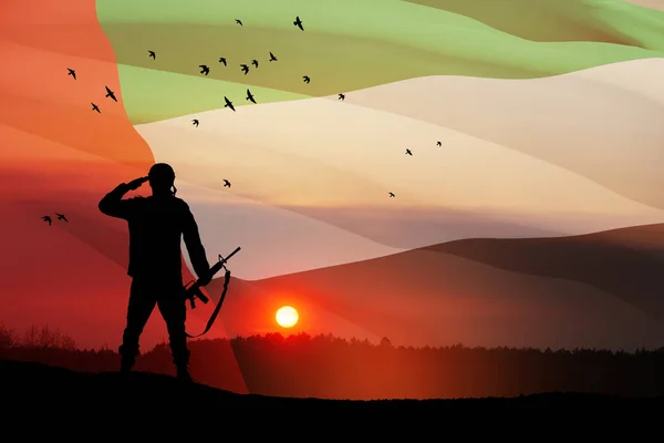 Uaeの国旗と日の出や日の出を背景に兵士が敬礼のシルエット 国民の祝日の概念 記念日 — ストック写真