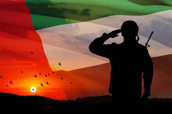 Uaeの国旗と日の出や日の出を背景に兵士が敬礼のシルエット 閉鎖だ 国民の祝日の概念 記念日 — ストック写真