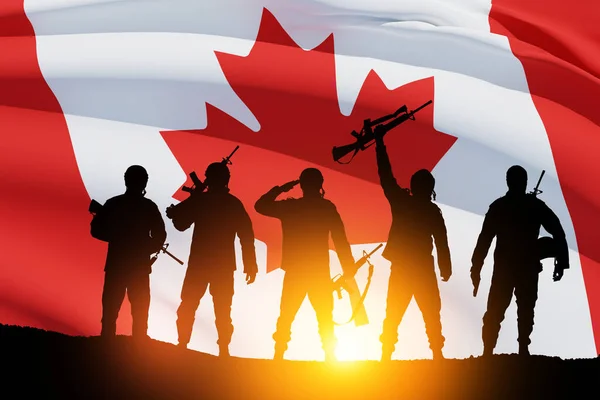 Canada army soldiers on a background of sunset or sunrise and Canada flag. Greeting card for Poppy Day, Remembrance Day. Canada celebration. Concept - patriotism, honor.