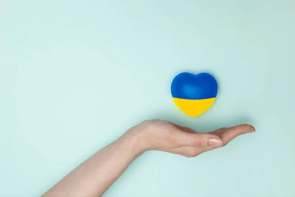 Heart Print National Flag Ukraine Female Hand Flat Lay Copy — Stock Fotó