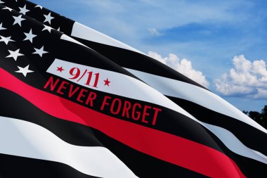 Thin red line firefighter flag on blue sky background. USA flag. Remembering, memories on fallen firefighters officers on september 11, 2001. Patriot day. Firefighter members honor.