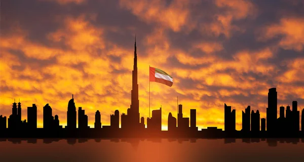 日落时 阿拉伯联合酋长国的国旗和迪拜的天际线景观 阿联酋庆祝活动 国庆节 国旗日 纪念日 烈士日 — 图库照片