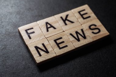 Macro of the words fake news formed by wooden blocks on black background.