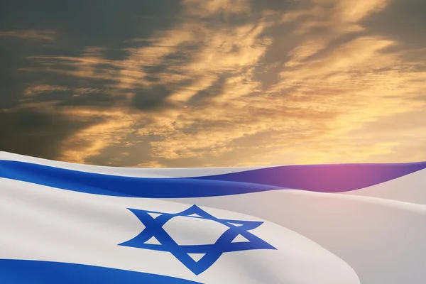 Israel Flag Star David Cloudy Sky Background Sunset Patriotic Concept — Photo
