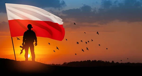Silhouette Soldier National Flag Background Sunset Polish Armed Forces Armed — Fotografia de Stock
