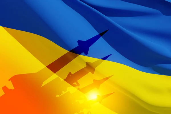 Silueta Misiles Sobre Fondo Bandera Ucrania Sol Concepto Arma Renderizado — Foto de Stock